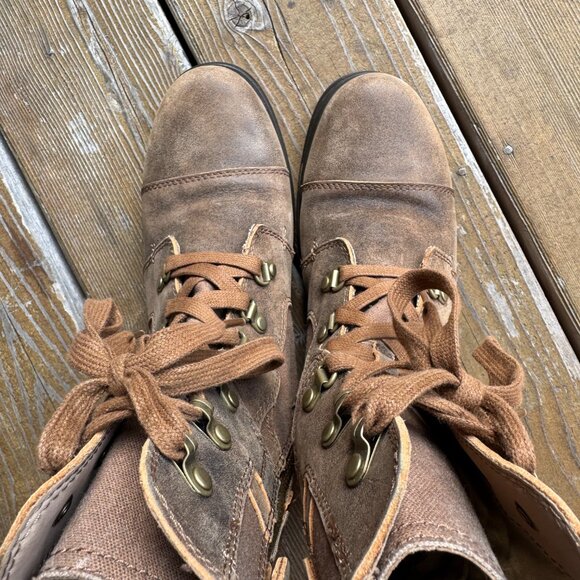 Sorel Major Carly Brown Leather & Canvas Lace Up Side Zip Combat Boots Womens 9 - Picture 12 of 15